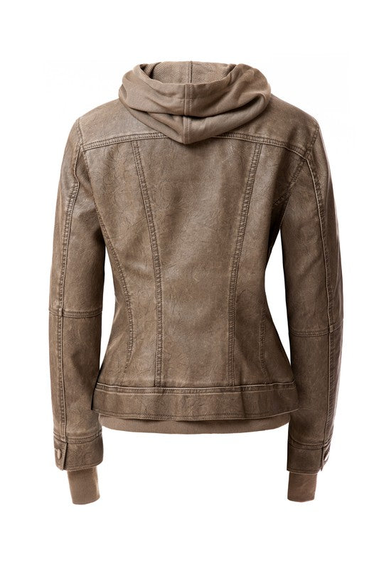 Annva USA Women's Vegan PU Leather Jacket with Detachable Hood
