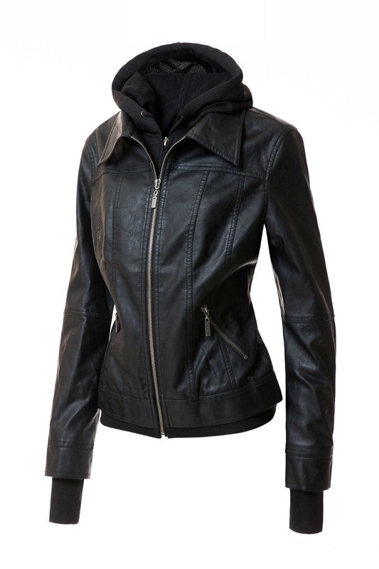 Annva USA Women's Vegan PU Leather Jacket with Detachable Hood