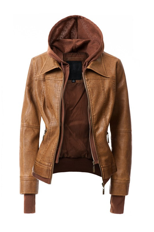 Annva USA Women's Vegan PU Leather Jacket with Detachable Hood