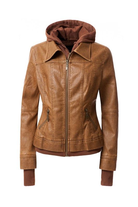 Annva USA Women's Vegan PU Leather Jacket with Detachable Hood