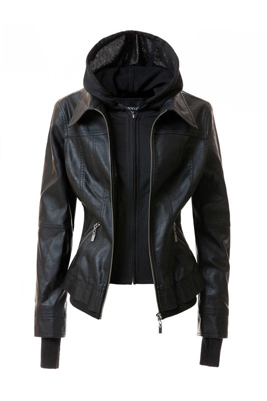 Annva USA Women's Vegan PU Leather Jacket with Detachable Hood