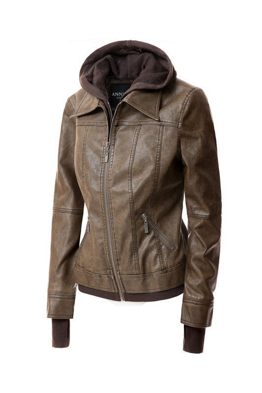 Annva USA Women's Vegan PU Leather Jacket with Detachable Hood