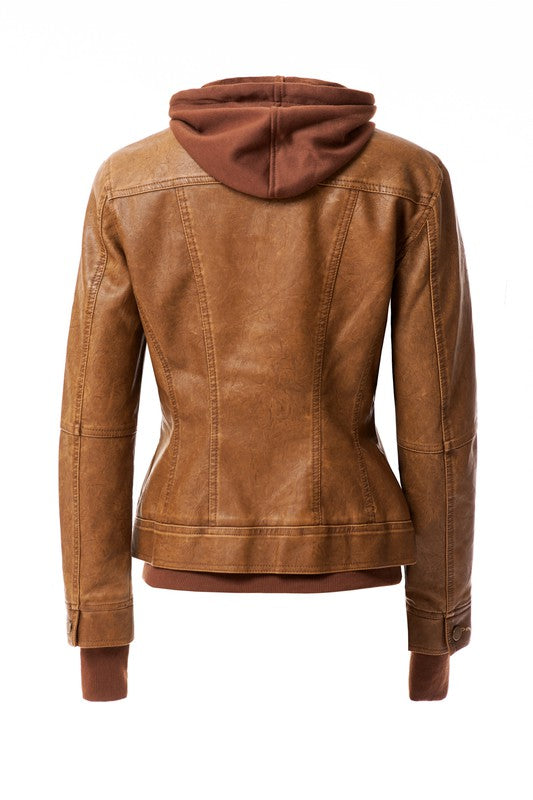 Annva USA Women's Vegan PU Leather Jacket with Detachable Hood