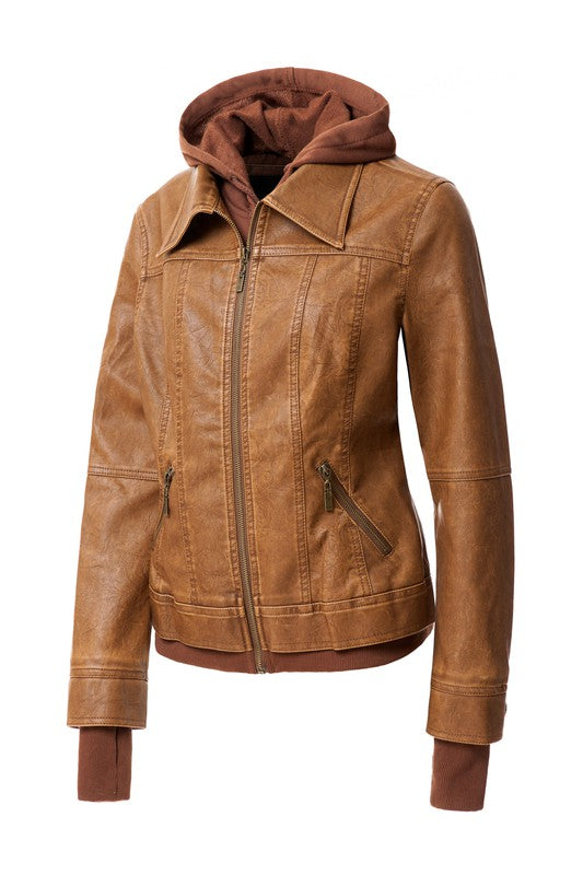 Annva USA Women's Vegan PU Leather Jacket with Detachable Hood
