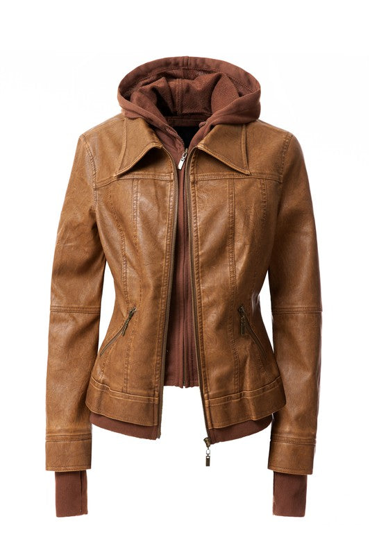 Annva USA Women's Vegan PU Leather Jacket with Detachable Hood