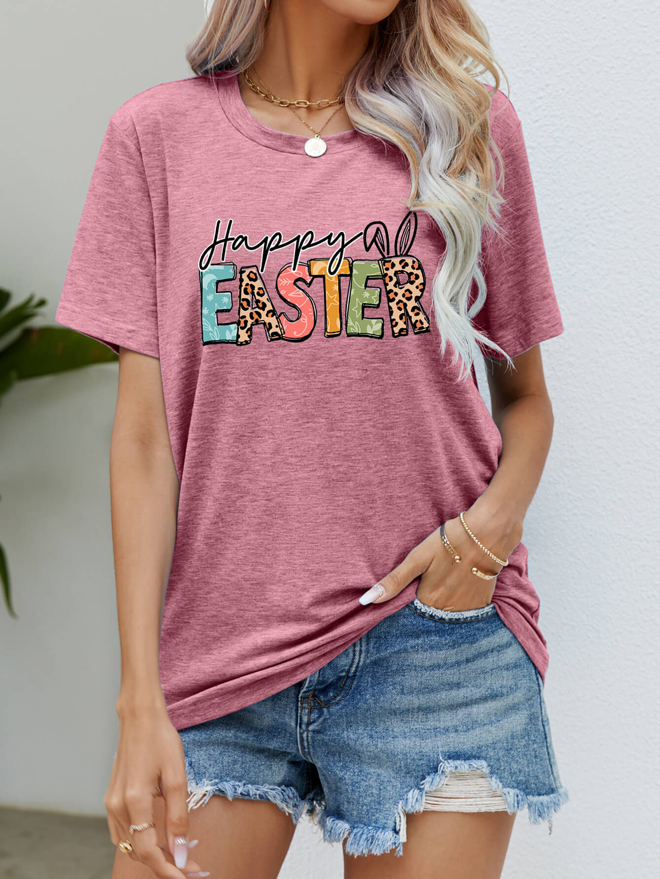 Happy Easter Graphic Round Neck Tee Shirt