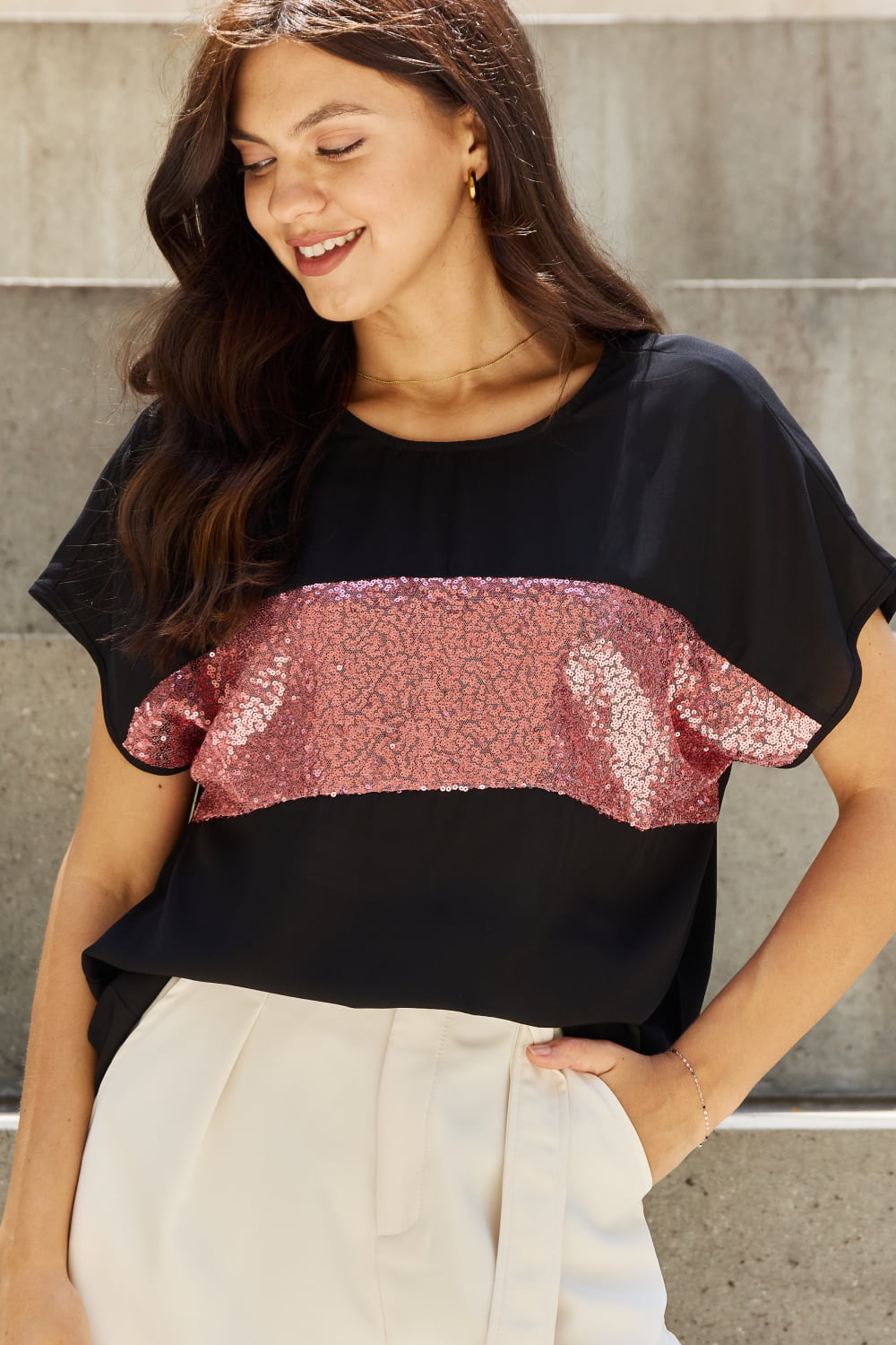 Sew In Love Shine Bright Center Mesh Sequin Top in Black/Mauve