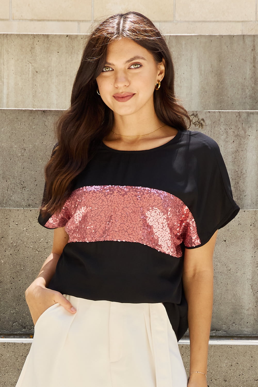 Sew In Love Shine Bright Center Mesh Sequin Top in Black/Mauve