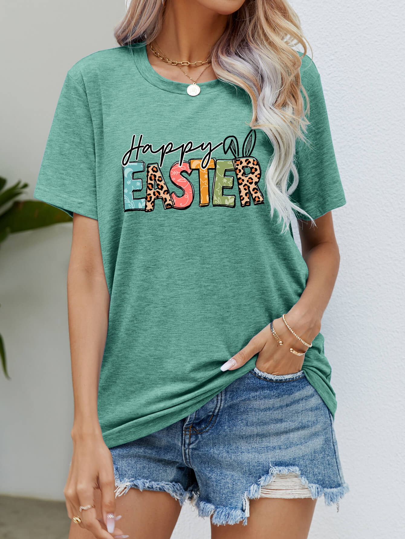 Happy Easter Graphic Round Neck Tee Shirt