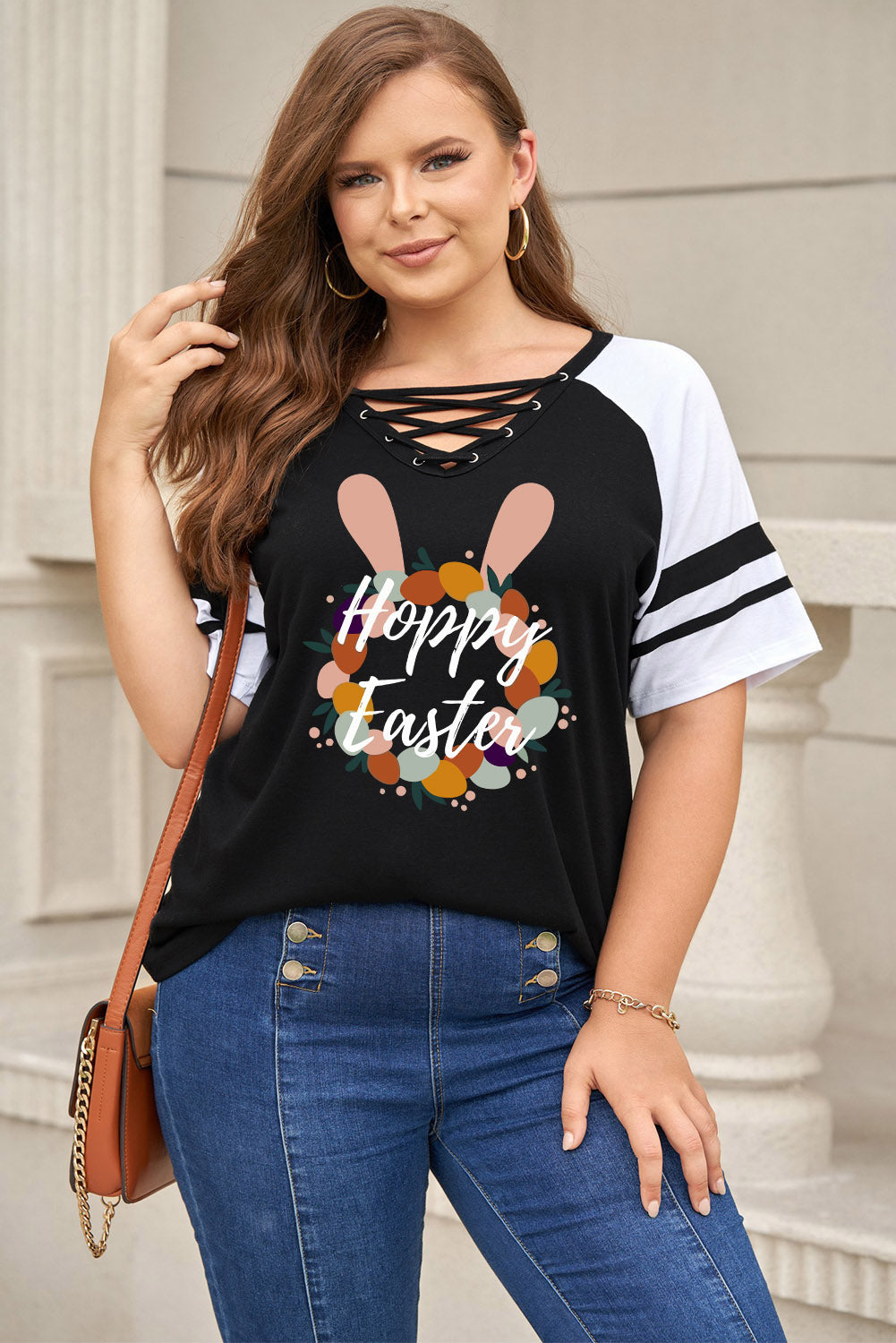 Plus Size Happy Easter Graphic Crisscross V-Neck Tee