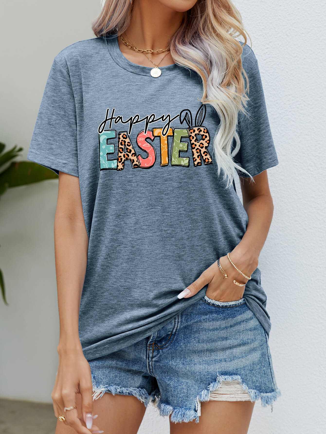 Happy Easter Graphic Round Neck Tee Shirt