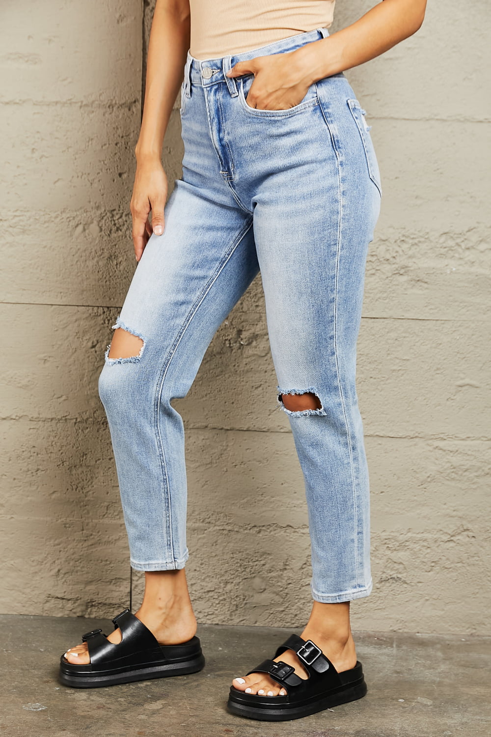 Bayeas High Waisted Distressed Slim Cropped Jeans