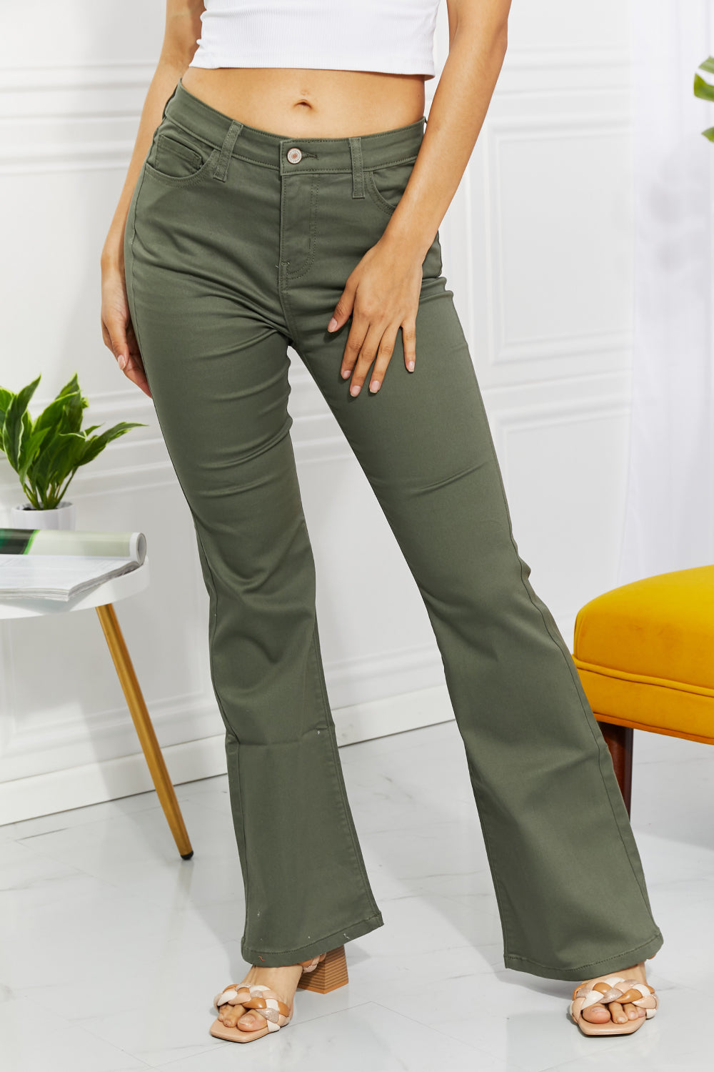 Zenana Clementine High-Rise Bootcut Jeans In Olive