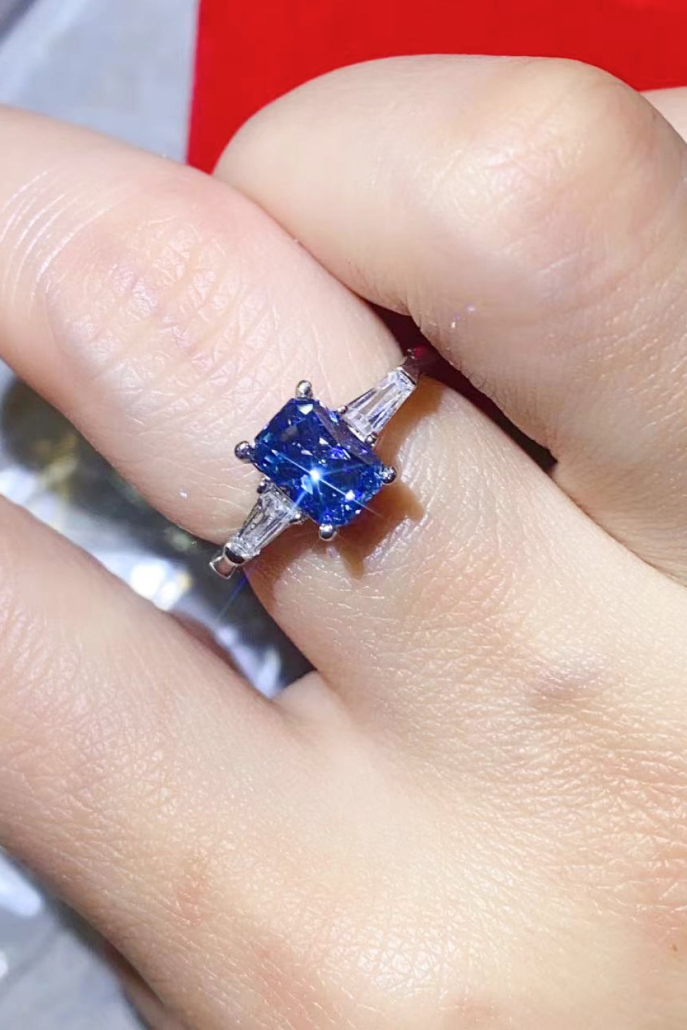 Moissanite Platinum-Plated Rectangle Ring In Blue