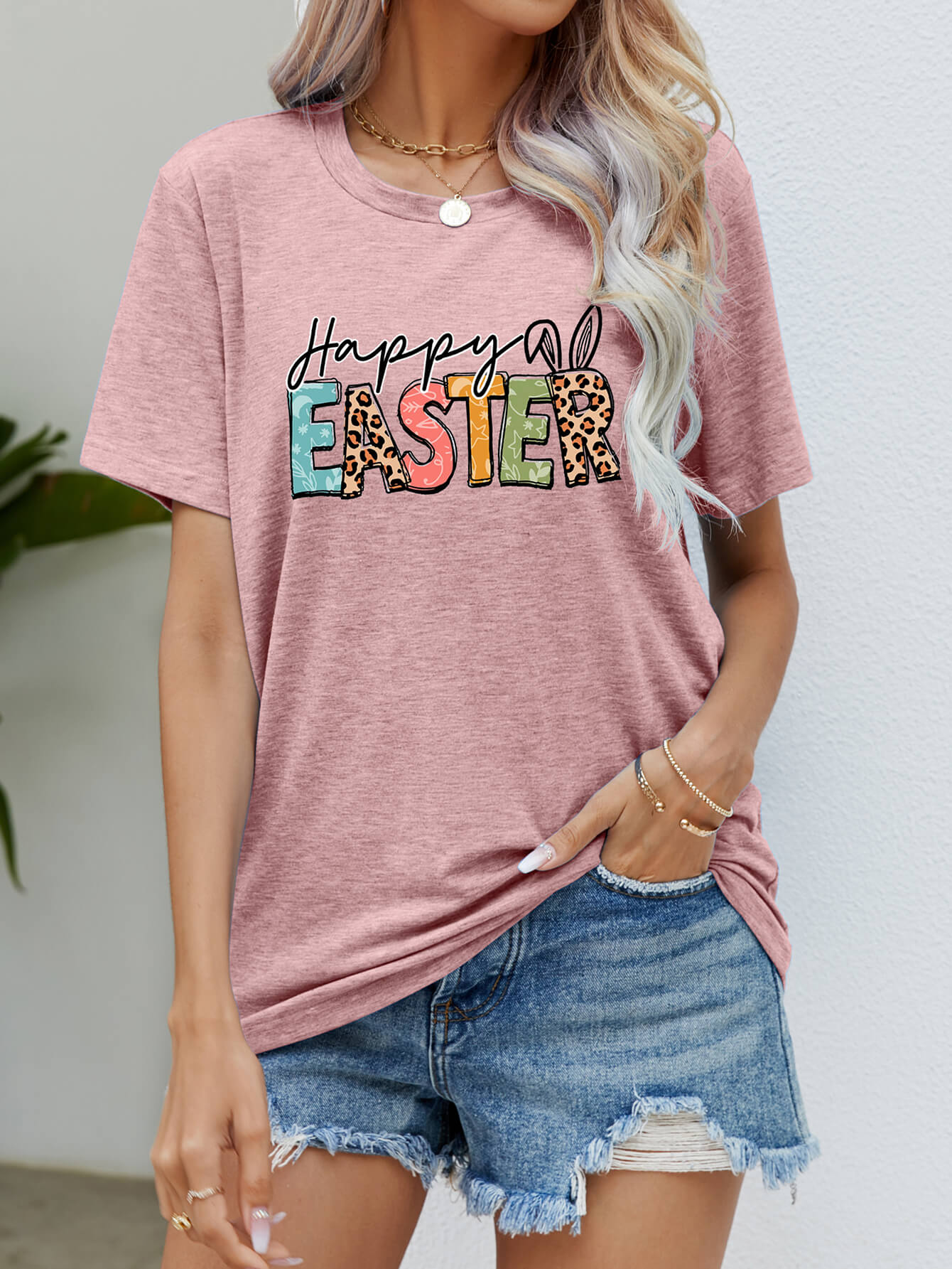 Happy Easter Graphic Round Neck Tee Shirt