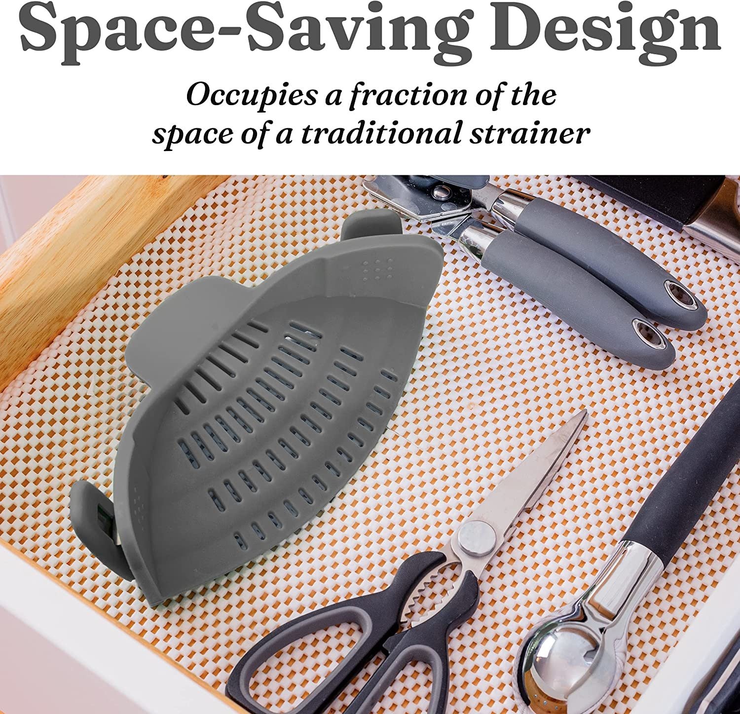Kitchen Snap N Strain Pot Strainer and Pasta Strainer - Adjustable Silicone Clip On Strainer for Pots, Pans, and Bowls - Gray