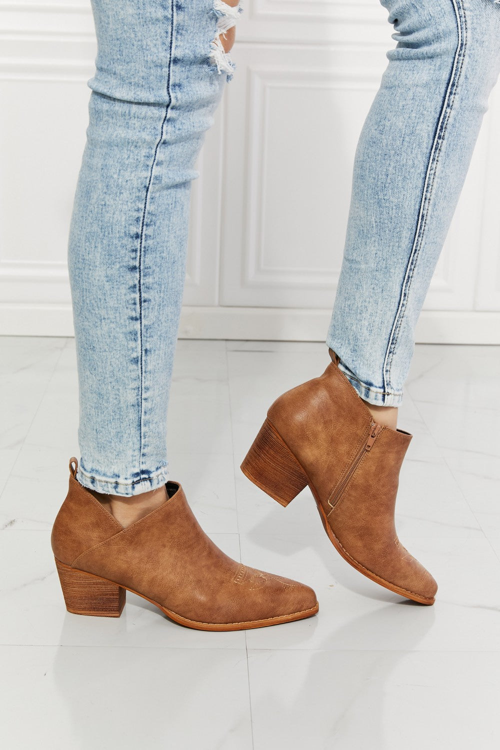 Mmshoes Trust Yourself Embroidered Crossover Cowboy Bootie In Caramel